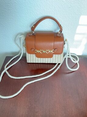 Woven Straw/Tan Vegan Leather Satchel Crossbody Bag